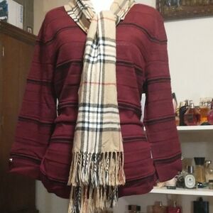 Liz Claiborne Burgundy Black Striped Crew Neck Cinched Sides Knit Winter Sweater
